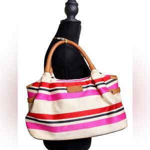 Kate Spade Stevie Oak Island Stripe Satchel Canvas Leather Shoulder Bag Pink Red